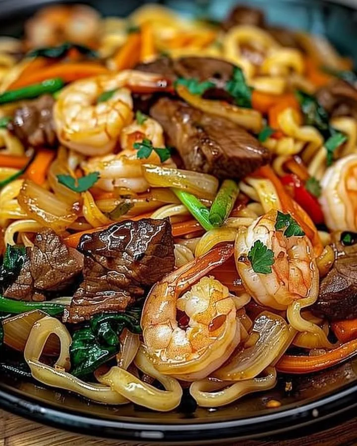 Delicious steak and shrimp stir-fried noodles served in a bowl.