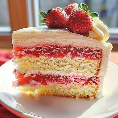Delicious Strawberries and Cream Cheesecake Cake with fresh strawberries