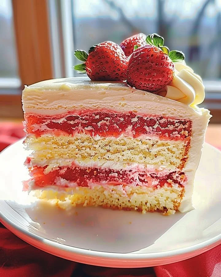 Delicious Strawberries and Cream Cheesecake Cake with fresh strawberries