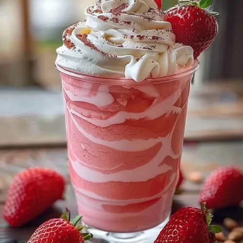 Delicious Strawberries & Cream Frappuccino with whipped cream and strawberry toppings
