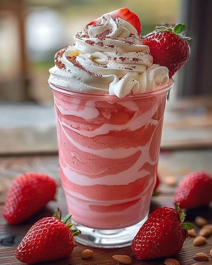 Delicious Strawberries & Cream Frappuccino with whipped cream and strawberry toppings