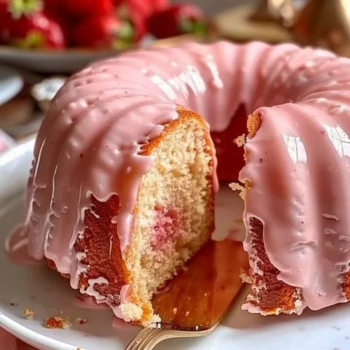 Delicious slice of Strawberry Buttermilk Pound Cake with fresh strawberries on top