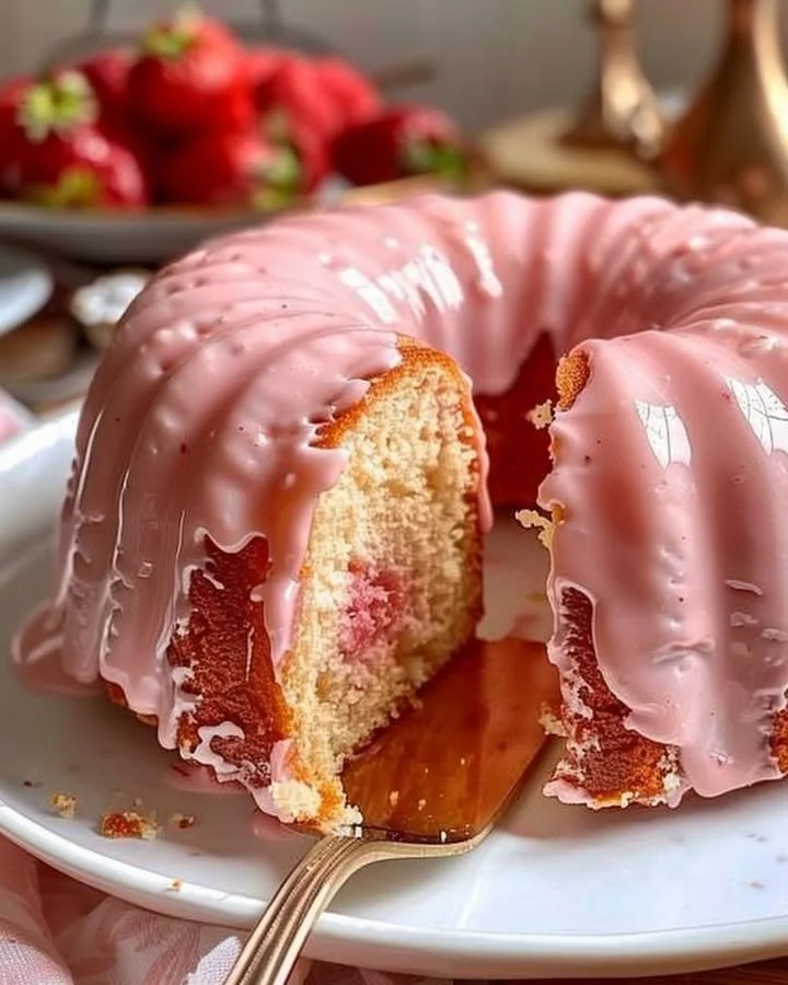 Delicious slice of Strawberry Buttermilk Pound Cake with fresh strawberries on top