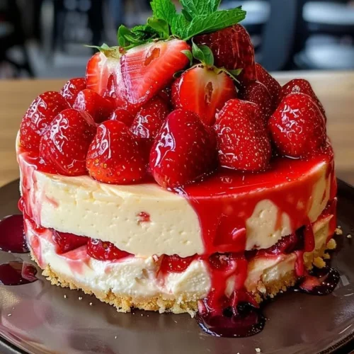 Delicious strawberry cheesecake topped with fresh strawberries and whipped cream
