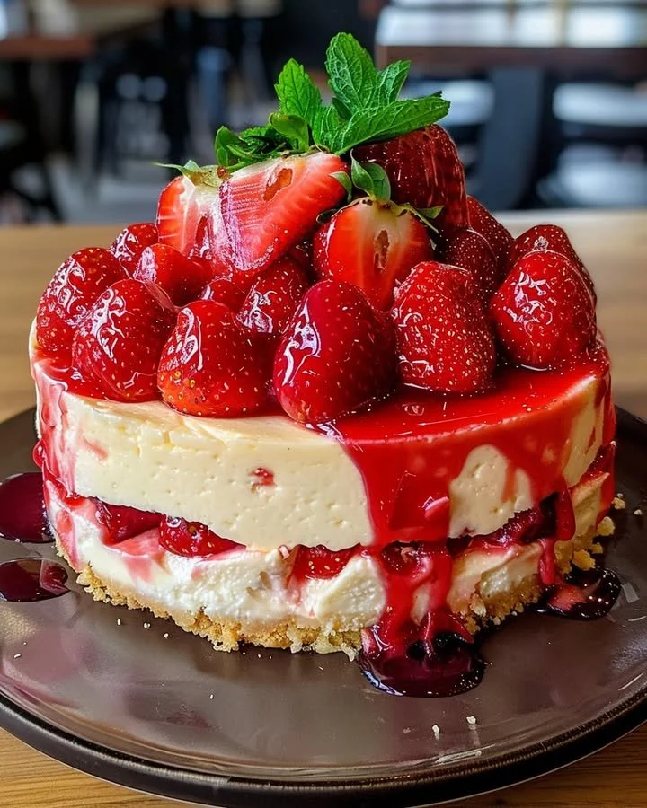 Delicious strawberry cheesecake topped with fresh strawberries and whipped cream