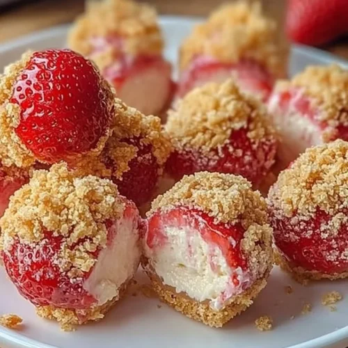 Strawberry Cheesecake Crunch Bites on a plate garnished with fresh strawberries