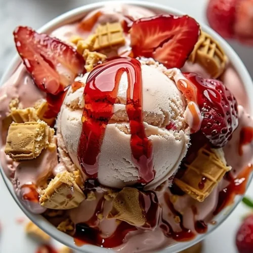 Delicious strawberry cheesecake ice cream in a bowl topped with fresh strawberries.