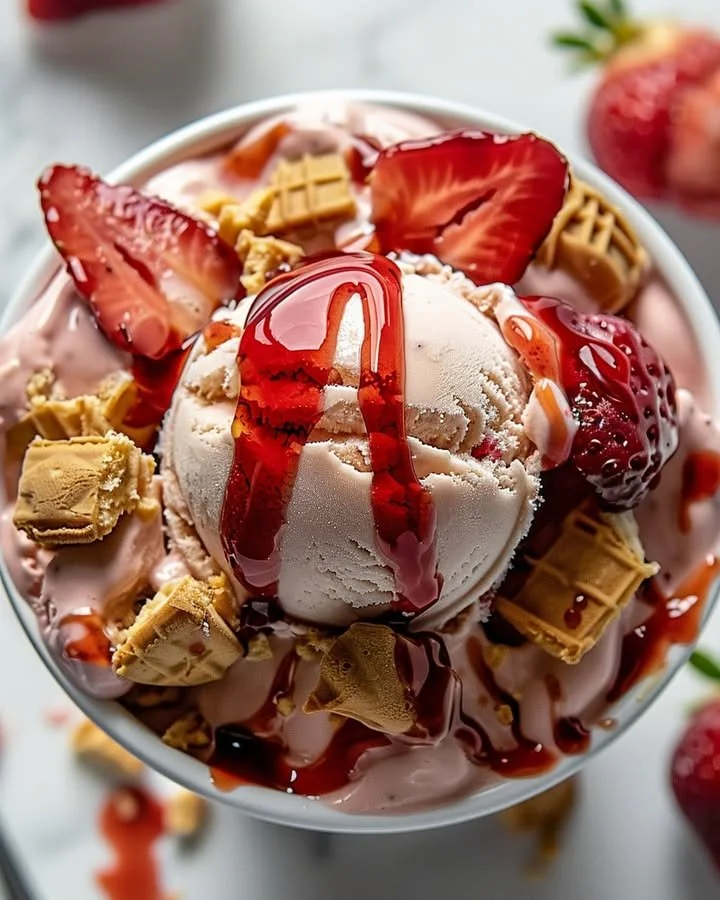 Delicious strawberry cheesecake ice cream in a bowl topped with fresh strawberries.