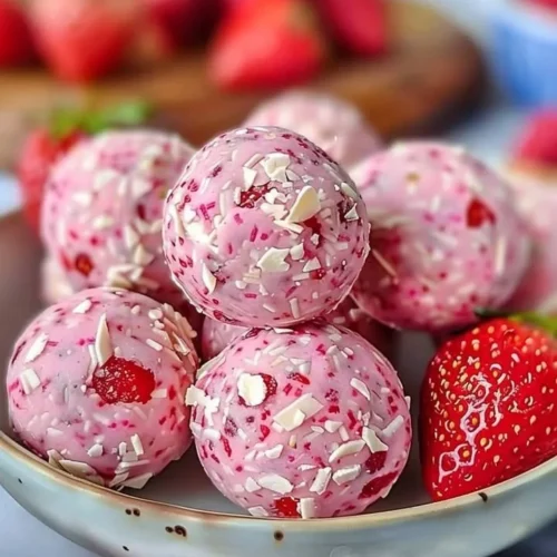 Healthy Strawberry Cheesecake Protein Balls ideal for snacks and treats.