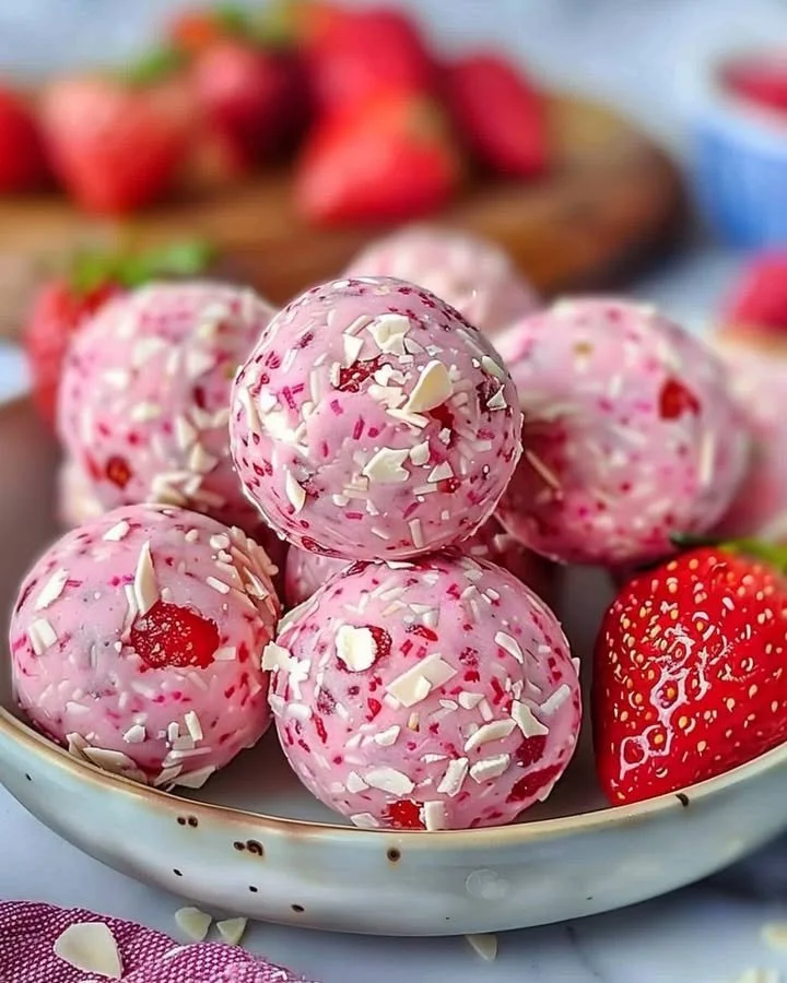 Healthy Strawberry Cheesecake Protein Balls ideal for snacks and treats.