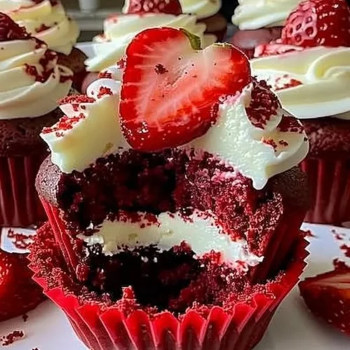 Delicious strawberry cheesecake red velvet cupcakes on a decorative plate