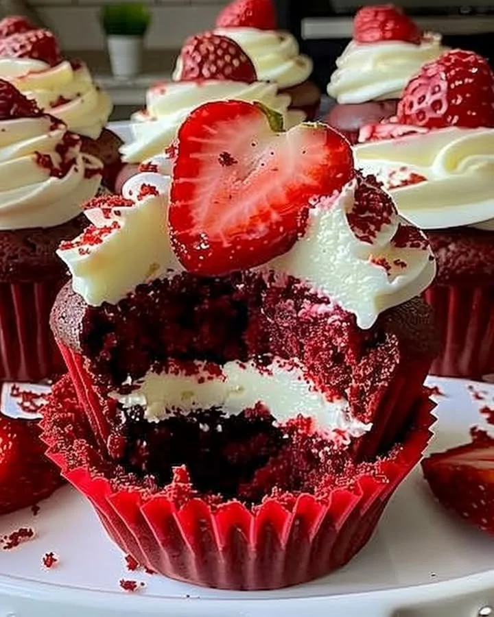 Delicious strawberry cheesecake red velvet cupcakes on a decorative plate