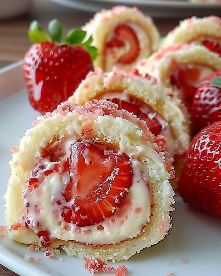 Delicious strawberry cheesecake rolls on a plate, drizzled with strawberry sauce.