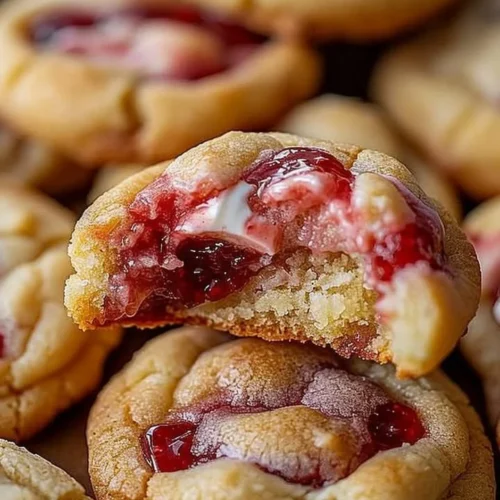 Delicious strawberry cheesecake stuffed cookies fresh from the oven.
