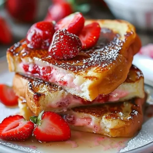 Strawberry cheesecake stuffed French toast topped with fresh strawberries and whipped cream