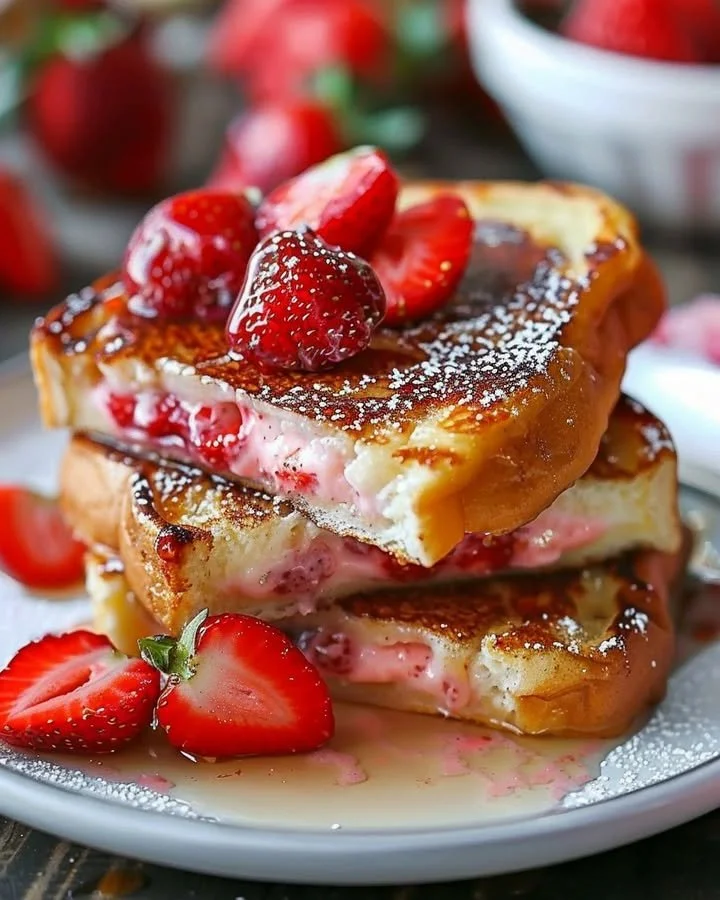 Strawberry cheesecake stuffed French toast topped with fresh strawberries and whipped cream