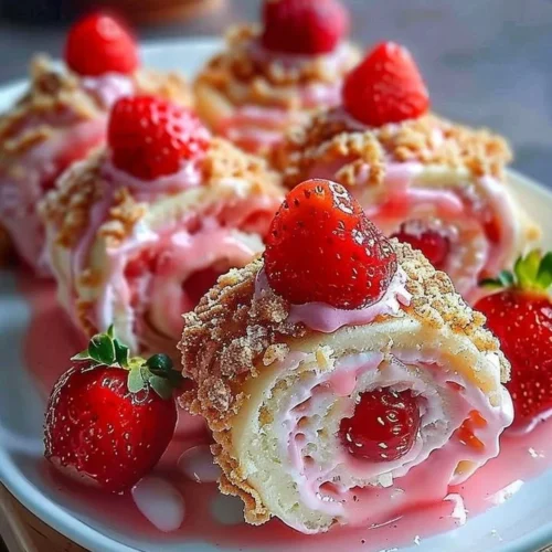 Delicious strawberry cheesecake sweet rolls with fresh strawberries and cream cheese frosting.