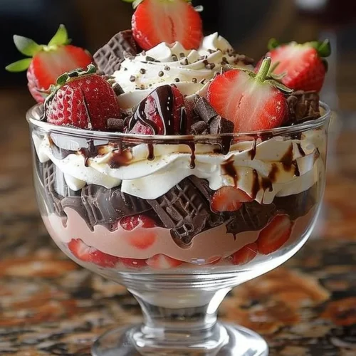 Delicious strawberry chocolate trifle with layers of strawberries and chocolate cream