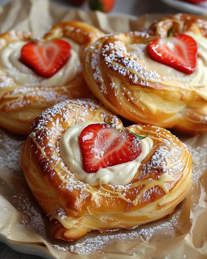 Delicious homemade Strawberry Cream Danish with fresh strawberries and cream filling