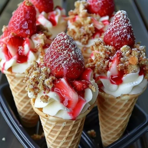 Strawberry Crunch Cheesecake Cones with fresh strawberries and a crunchy topping