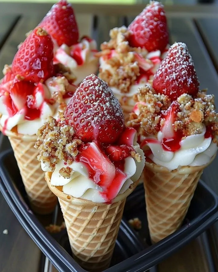 Strawberry Crunch Cheesecake Cones with fresh strawberries and a crunchy topping