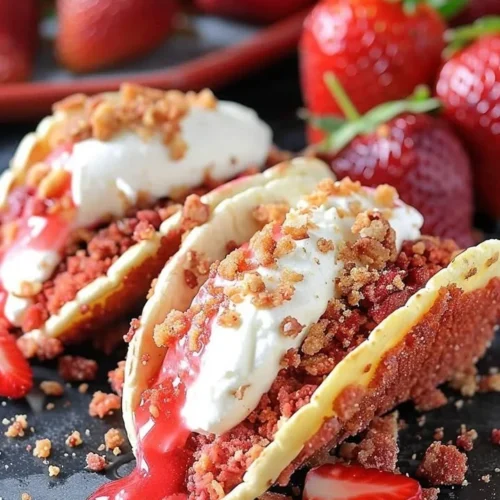 Delicious strawberry crunch cheesecake tacos served on a plate.