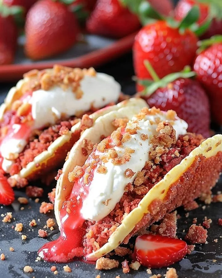 Delicious strawberry crunch cheesecake tacos served on a plate.