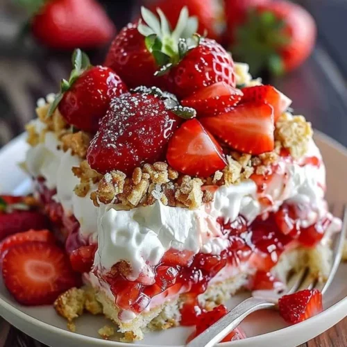 Deliciously layered Strawberry Crunch Poke Cake with a crispy topping