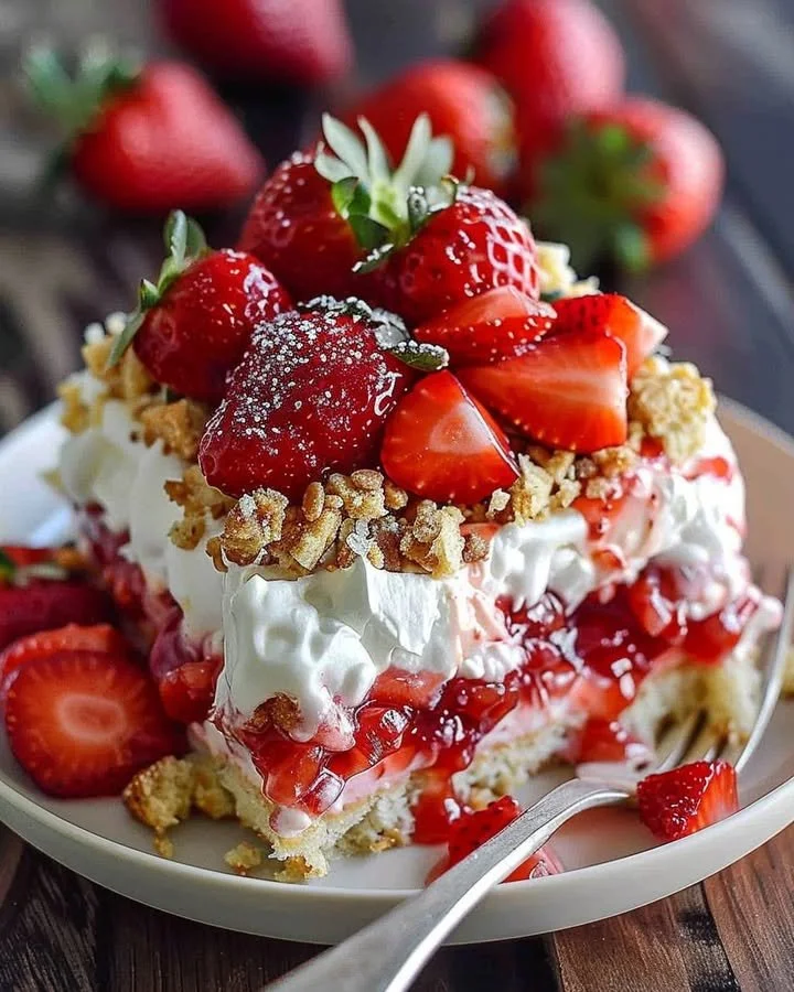 Deliciously layered Strawberry Crunch Poke Cake with a crispy topping