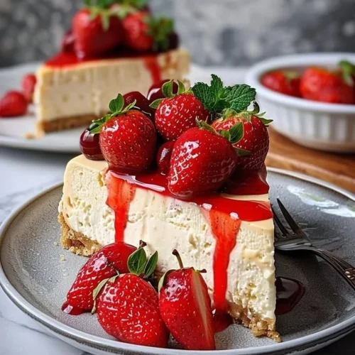 Strawberry Double Cheese Cheesecake topped with fresh strawberries