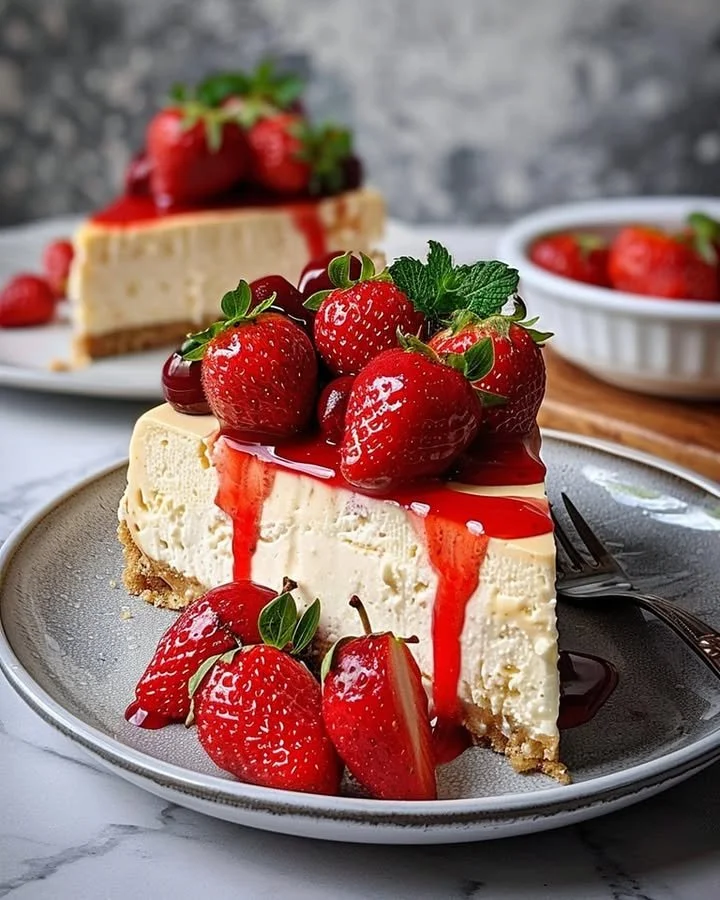Strawberry Double Cheese Cheesecake topped with fresh strawberries