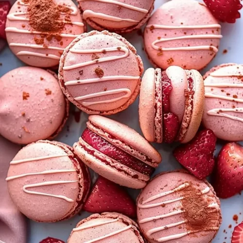 Deliciously crafted Strawberry French Macarons in pastel pink hues.