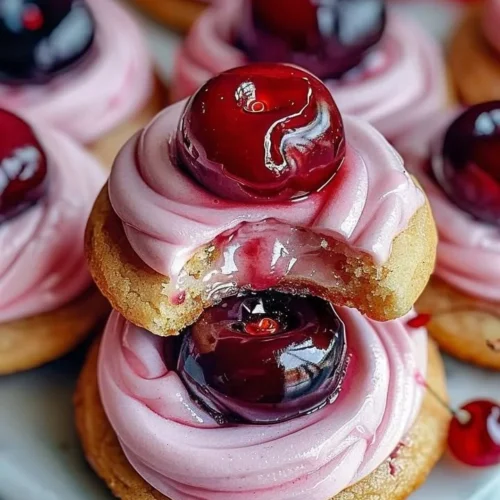 Strawberry Frosted Cherry Cookies with vibrant pink frosting and cherry topping