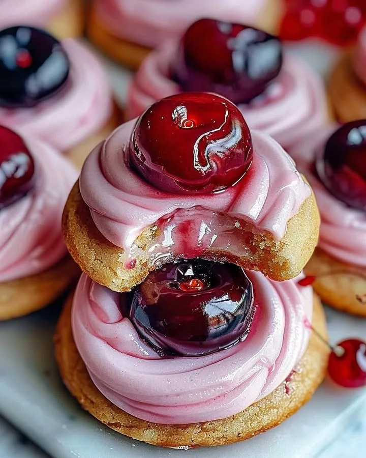 Strawberry Frosted Cherry Cookies with vibrant pink frosting and cherry topping