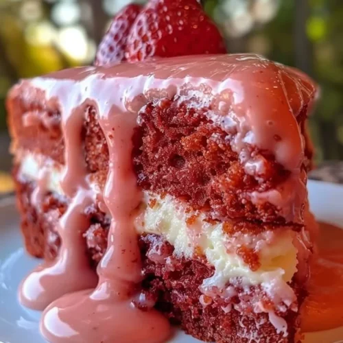 Delicious Strawberry Honeybun Cake topped with creamy strawberry icing