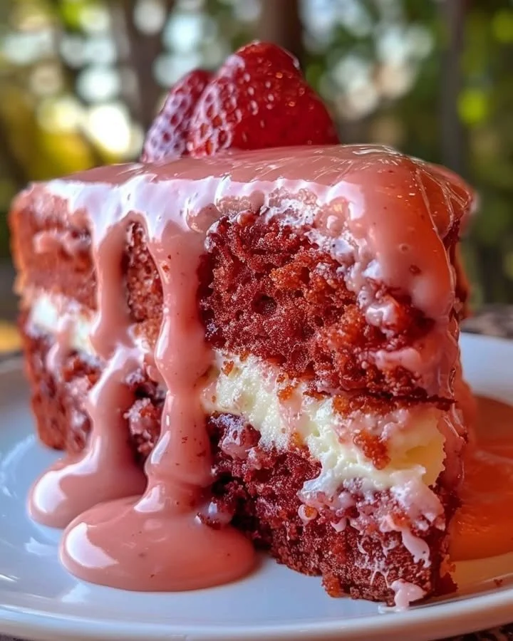 Delicious Strawberry Honeybun Cake topped with creamy strawberry icing