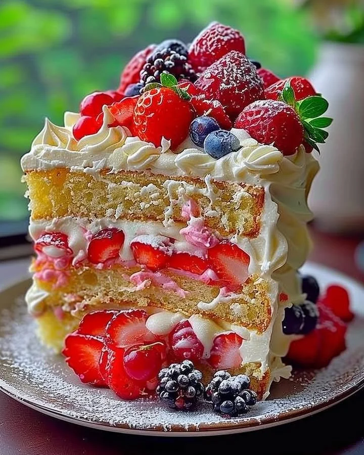 Strawberry Lemon Layer Cake with fresh strawberries and lemon zest