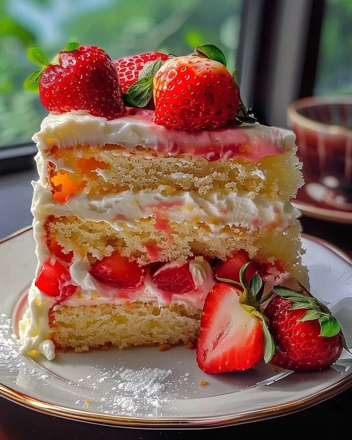 Delicious Strawberry Lemon Layer Cake with fresh strawberries and lemon frosting