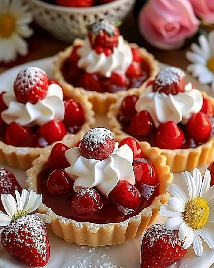 Delicious strawberry meringue tarts with fresh strawberries and crisp meringue topping.