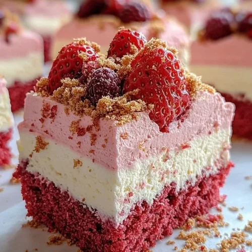 Delicious strawberry mousse cake topped with a creamy layer of cream cheese.