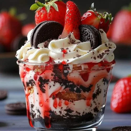 Delicious Strawberry Oreo Cheesecake Cup topped with fresh strawberries and Oreo crumbs