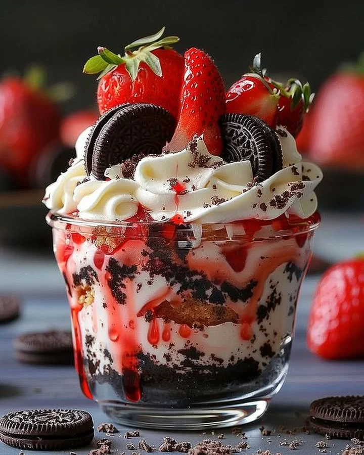 Delicious Strawberry Oreo Cheesecake Cup topped with fresh strawberries and Oreo crumbs