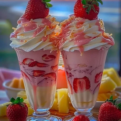 Strawberry Piña Colada Cake with Malibu Frosting on a table