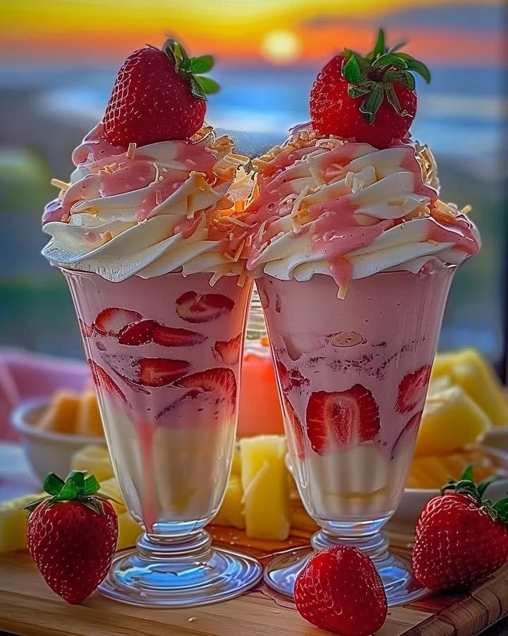 Strawberry Piña Colada Cake with Malibu Frosting on a table