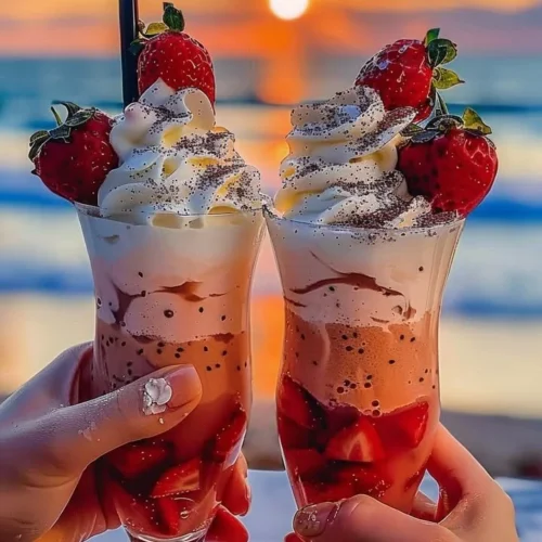 Refreshing Strawberry Piña Colada topped with Malibu frosting in a tropical setting