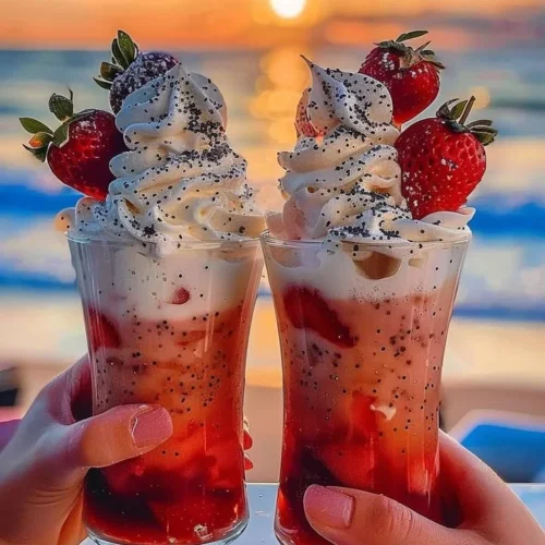 Strawberry Piña Colada cocktail with Malibu frosting garnish