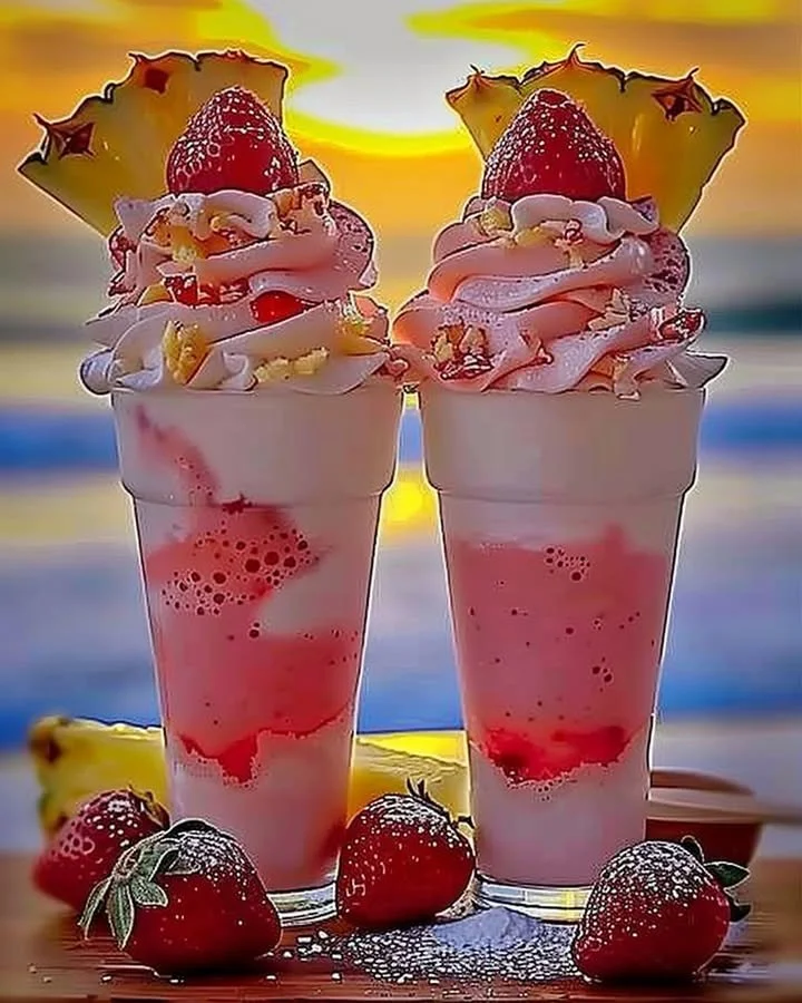 Delicious Strawberry Piña Colada with Malibu frosting garnished with fresh strawberries