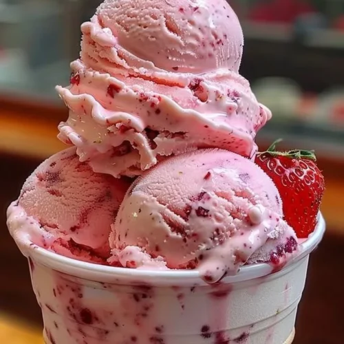 A bowl of creamy strawberry ice cream topped with fresh strawberries.
