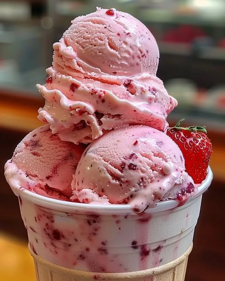 A bowl of creamy strawberry ice cream topped with fresh strawberries.