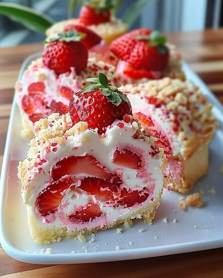 Delicious strawberry shortcake cheesecake topped with fresh strawberries